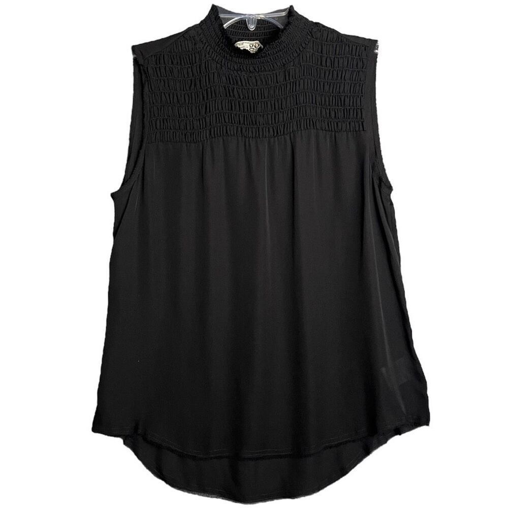 Go by GoSilk Smocked Sleeveless Top Womens Medium Black High Neck Sheer Elegant